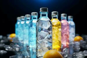 Colorful cocktail bottles nestled amidst a bed of sparkling, multicolored ice AI Generated photo