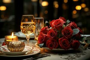 Selective focus on a vintage romantic dinner setup with red decor and candlelight AI Generated photo