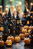 Halloween decorations, spooky jack-o-lanterns, haunted houses photo
