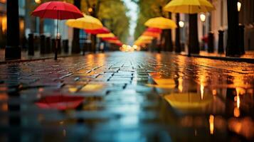 Rainy weather, colorful umbrellas, puddles, reflections photo