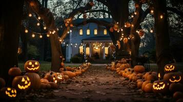 Halloween decorations, spooky jack-o-lanterns, haunted houses photo