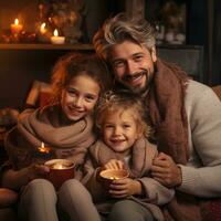 Happy family drinking hot chocolate in winter photo