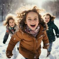 Excited friends playing in the snow photo