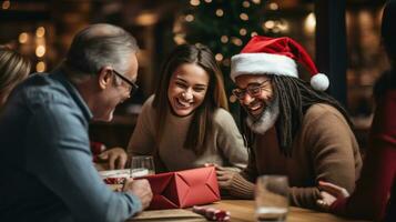 Festive coworkers exchanging Secret Santa gifts photo