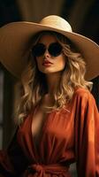 Fashionable woman in oversized hat and sunglasses photo