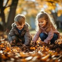 Children playing with fall leaves outside photo
