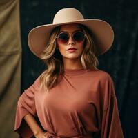 Fashionable woman in oversized hat and sunglasses photo