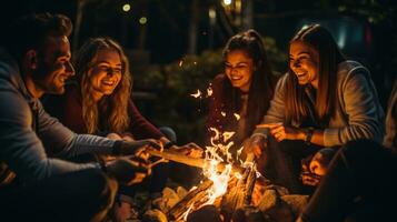 amigos asado Malvaviscos por fuego pozo foto