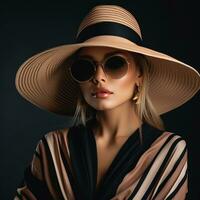 Fashionable woman in oversized hat and sunglasses photo