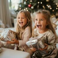 Excited children opening their presents on Christmas morning photo