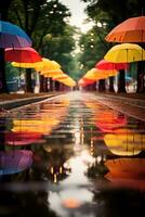 Rainy weather, colorful umbrellas, puddles, reflections photo