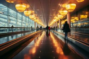 Blurred airport hustle people traverse two moving walkways in a straight view AI Generated photo