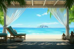 Tropical beach 3D illustration, gazebo perched, overlooking the vast, tranquil ocean AI Generated photo
