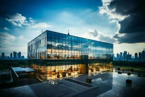 Dominating skyline, a sprawling modern office building defines urban elegance and efficiency. AI Generated photo