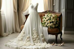 Elegance defined in room setting wedding dress, shoes, and bouquet artfully arranged AI Generated photo