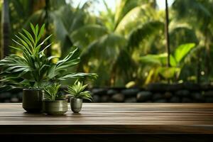 Close up 3D render empty wooden table with tropical banana leaf plant AI Generated photo