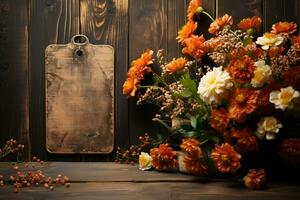 Rustic elegance flowers paired with a tag on a textured wooden backdrop AI Generated photo