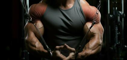 Focused on the cable crossover, a bodybuilders powerful, cropped arms shine AI Generated photo