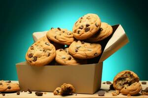 chocolate chip galletas caída desde un papel caja en contra un turquesa fondo ai generado foto