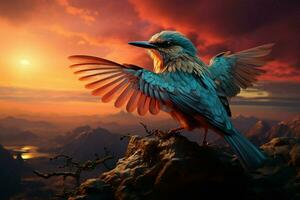 Sunset hues backdrop a bird in art, merging the avian world with twilight AI Generated photo