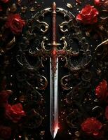 black background with sword, aesthetic red illustration photo