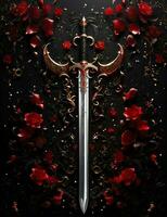 black background with sword, aesthetic red illustration photo