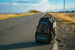 Traveler's backpack hits the asphalt road, marking the start of their adventure AI Generated photo