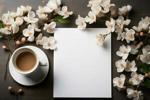 blanco antecedentes adornado con café, bloc, y Fresco flores ai generado foto