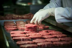 Hamburger patties take shape under the skilled hands of dedicated butchers processing AI Generated photo