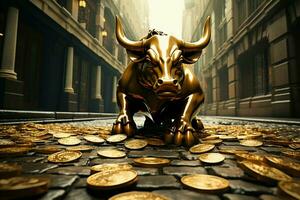 A stone road featuring a bull statue surrounded by scattered coins AI Generated photo