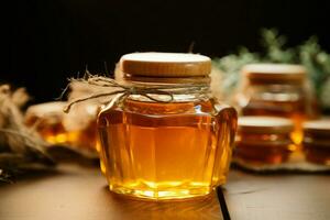 Golden honey fills glass jar, resting on a rustic wooden table AI Generated photo