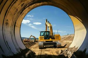 suelo excavación poderoso oruga excavador trabajos en construcción sitio, por grande hormigón tubo. ai generado foto