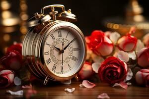 Alarm clock showcased against a charming vintage rose flower backdrop AI Generated photo