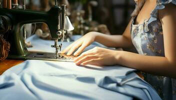 Master tailors hands, female, deftly operate a sewing machines needle AI Generated photo