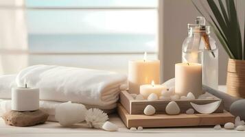 Spa accessory composition set in day spa hotel, beauty wellness centre photo