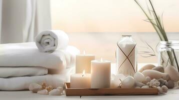 Spa accessory composition set in day spa hotel, beauty wellness centre photo