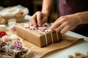 Crafted elegance  Close up displays confectioner's hands artfully dressing cardboard box with finesse. AI Generated photo