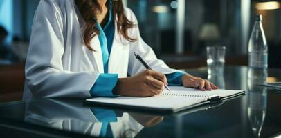 Hands of a female medical professional jotting patient symptoms, emphasizing diligent care AI Generated photo