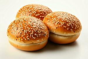 Fresh hamburger buns, soft and sesame studded, on a clean, bright white background AI Generated photo