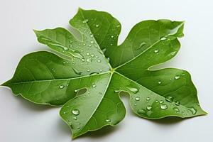 Fresh and minimal green leaf adorned with water drops on white  AI Generated photo