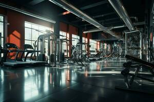 A gyms indoors showcases a plethora of exercise and workout equipment AI Generated photo