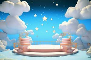 Whimsical 3D rendered podium set under a blue sky with cartoon clouds and stars AI Generated photo