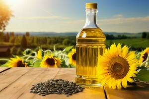 A plastic bottle of sunflower oil on a wooden table with a sunflower field backdrop AI Generated photo