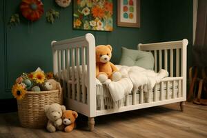 A cozy crib nestled in a bright nursery, featuring toys, a plush carpet, and a rustic basket AI Generated photo