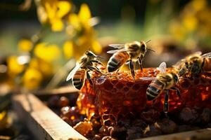Detailed shot captures worker bees collecting nectar beehive alive with diligent activity AI Generated photo