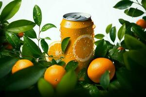 A falling aluminum soda can surrounded by juicy oranges and green leaves AI Generated photo