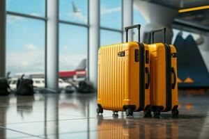 un gris maleta en medio de el bullicioso aeropuerto, un popular de amarillo brillantez ai generado foto