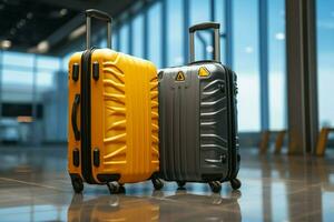 gris equipaje con un toque de amarillo hace un declaración a el aeropuerto ai generado foto