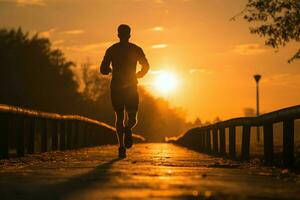 A silhouette of a fitness focused man running in the early morning light AI Generated photo