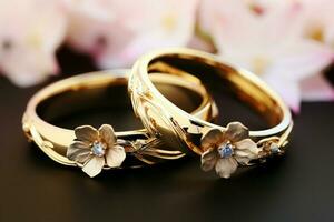 muelles floración marcos el belleza de entrelazados Boda anillos, significando compromiso ai generado foto